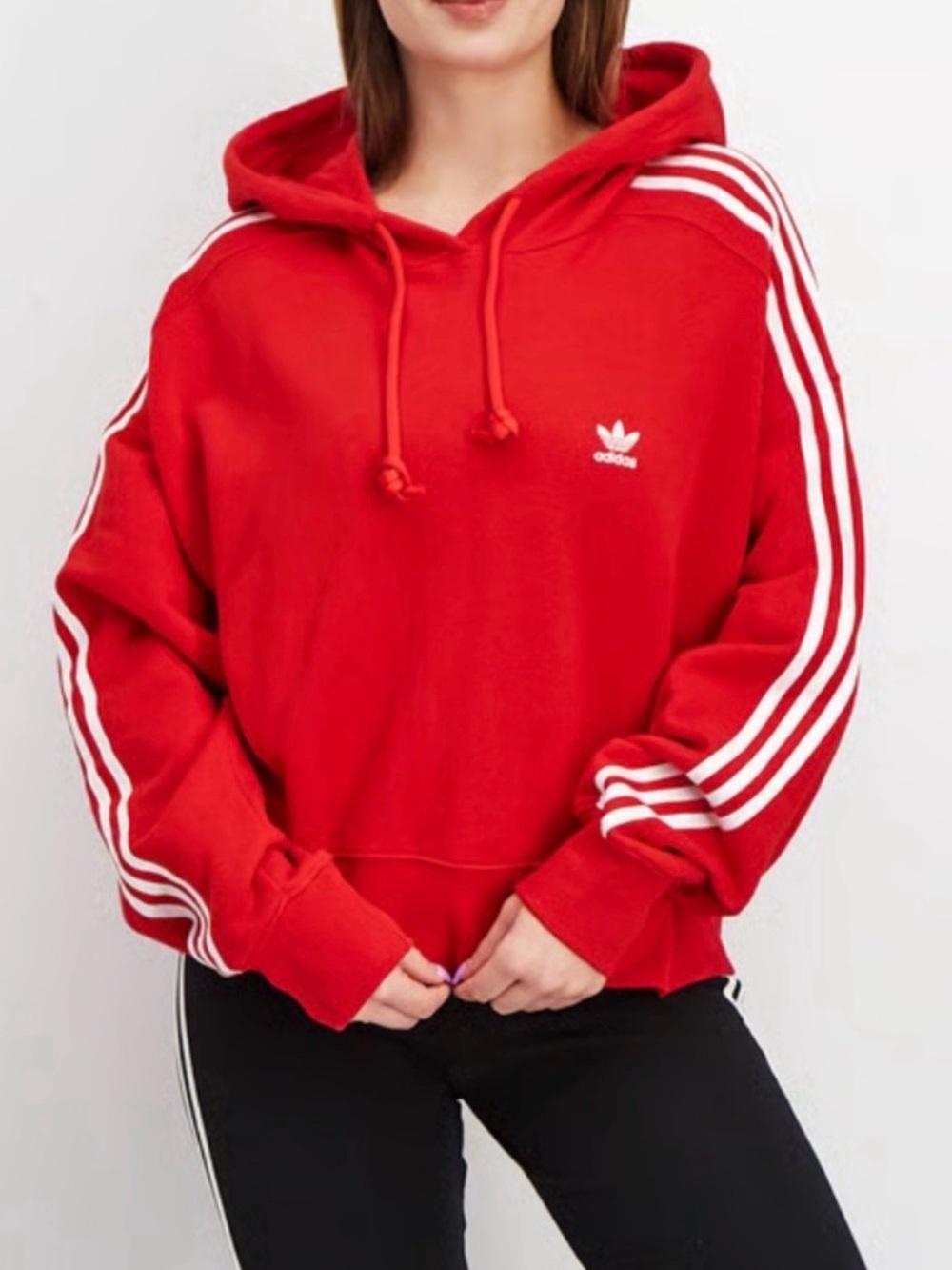 Adidas Women Red Hooded Sweatshirt with Signature 3-Stripes White Logo Hoodie XS